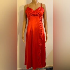 Women SHEIN Red Silky Sleeveless Adjustable Straps V Neck Long Dress w/ Slit
